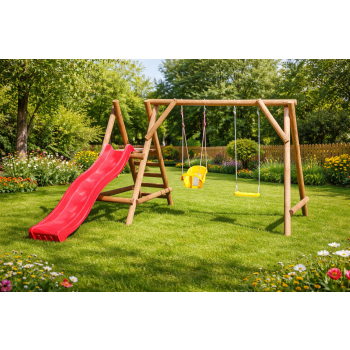 DREWNIANY PLAC ZABAW DO OGRODU MINI IMPREGNOWANY Z HUŚTAWKĄ KUBEŁKOWĄ